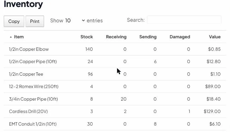 An inventory snapshot in the app showing a frozen table of every item's stock, receiving, sending, damaged counts and value.