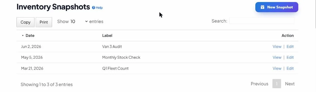 A list of dated inventory snapshots in the app, the frozen records you reconcile a physical count against to measure accuracy.