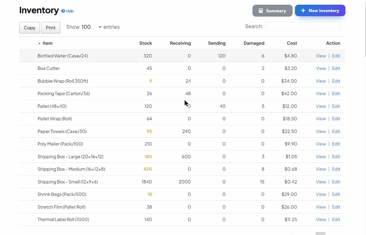 An inventory list in the app showing each item's quantity and unit cost, the raw data you use to rank items into A, B and C classes.