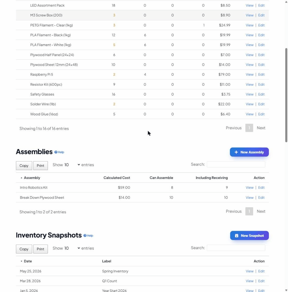 The Assemblies list showing each assembly's Calculated Cost, Can Assemble and Including Receiving figures.