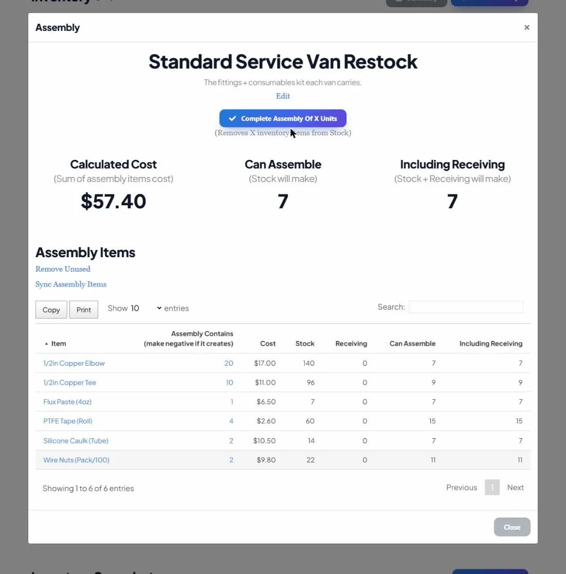 A Standard Service Van Restock kit listing its fittings and consumables and how many full restocks can be assembled from current stock.