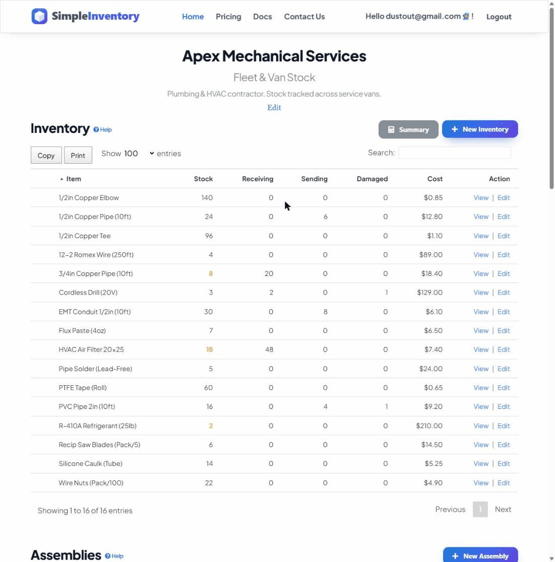 Tools and equipment tracked by location in the app, the kind of reusable assets you check in and out rather than consume.