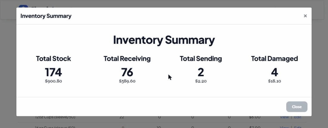 The Inventory Summary showing total Stock, Receiving, Sending and Damaged counts with their total dollar values.