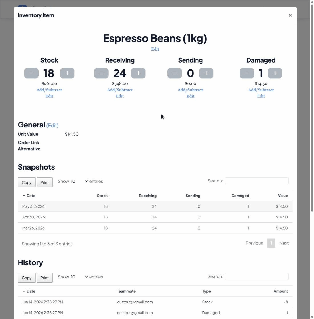 An inventory item opened, showing the four counts with plus/minus controls, unit value, snapshot history and a full transaction history.