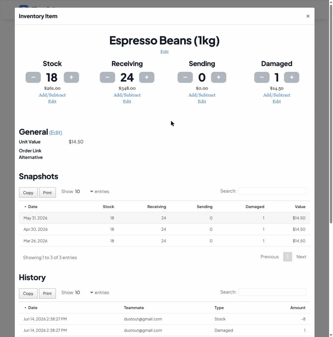An inventory item opened, showing the four counts with plus/minus controls, unit value, snapshot history and a full transaction history.