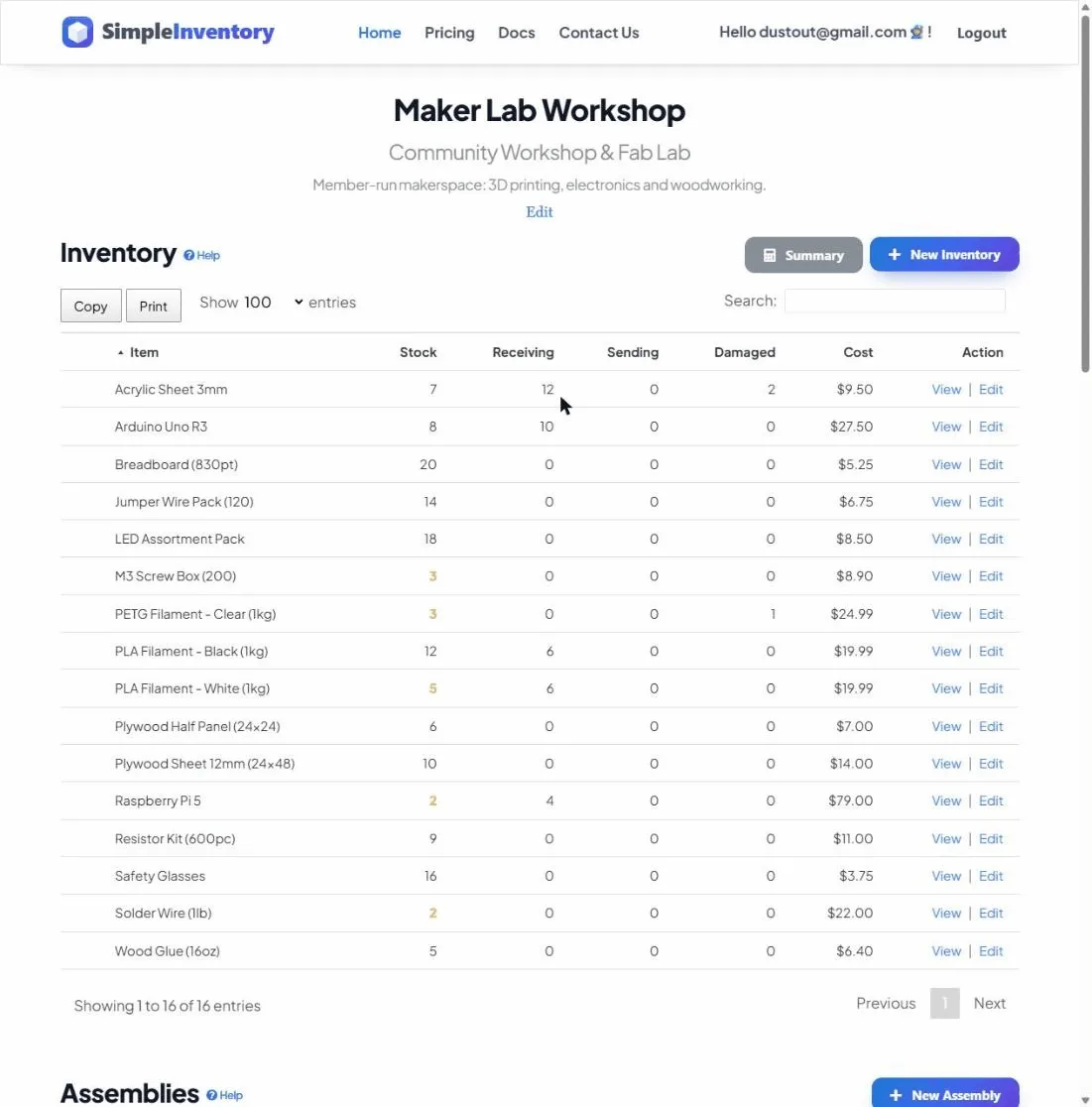 Makerspace inventory (3D printer filament, Arduinos, breadboards, plywood and consumables) with low stock flagged.