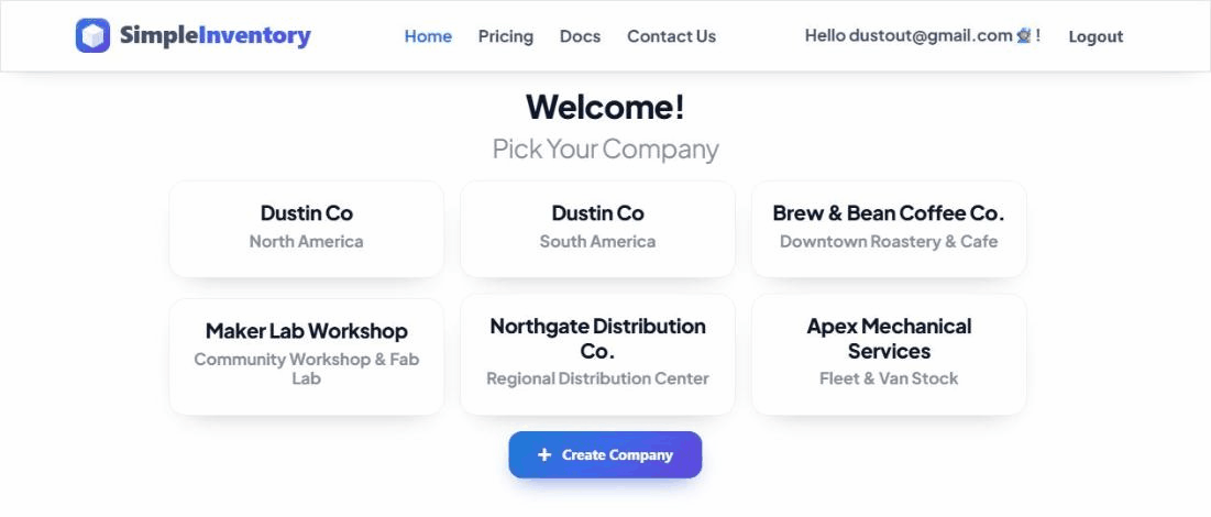 The company picker showing several store locations under one account, each with its own separate stock.