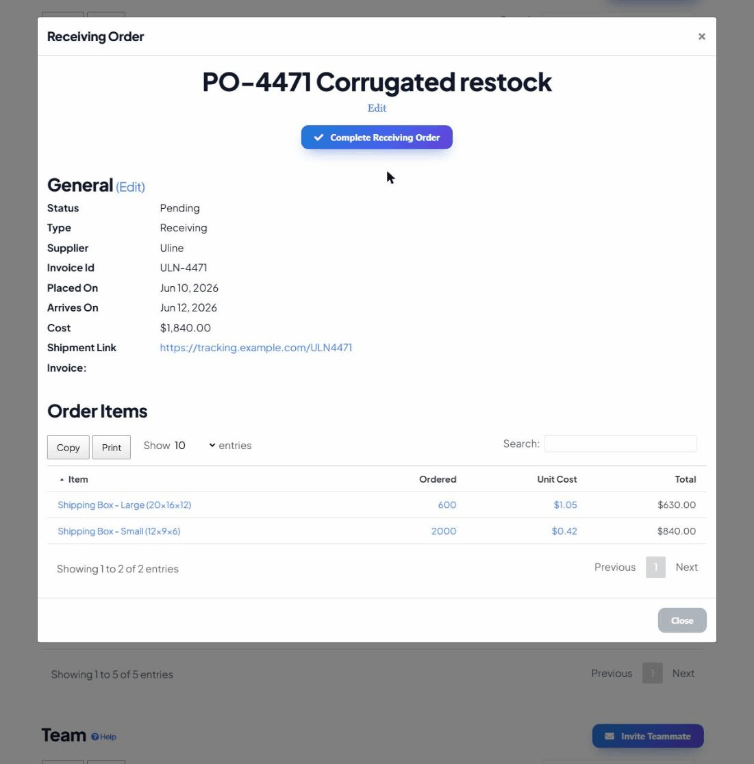 A purchase order opened, showing status, supplier, invoice ID, placed and arrival dates, cost, tracking link, and its line items with quantities and totals.