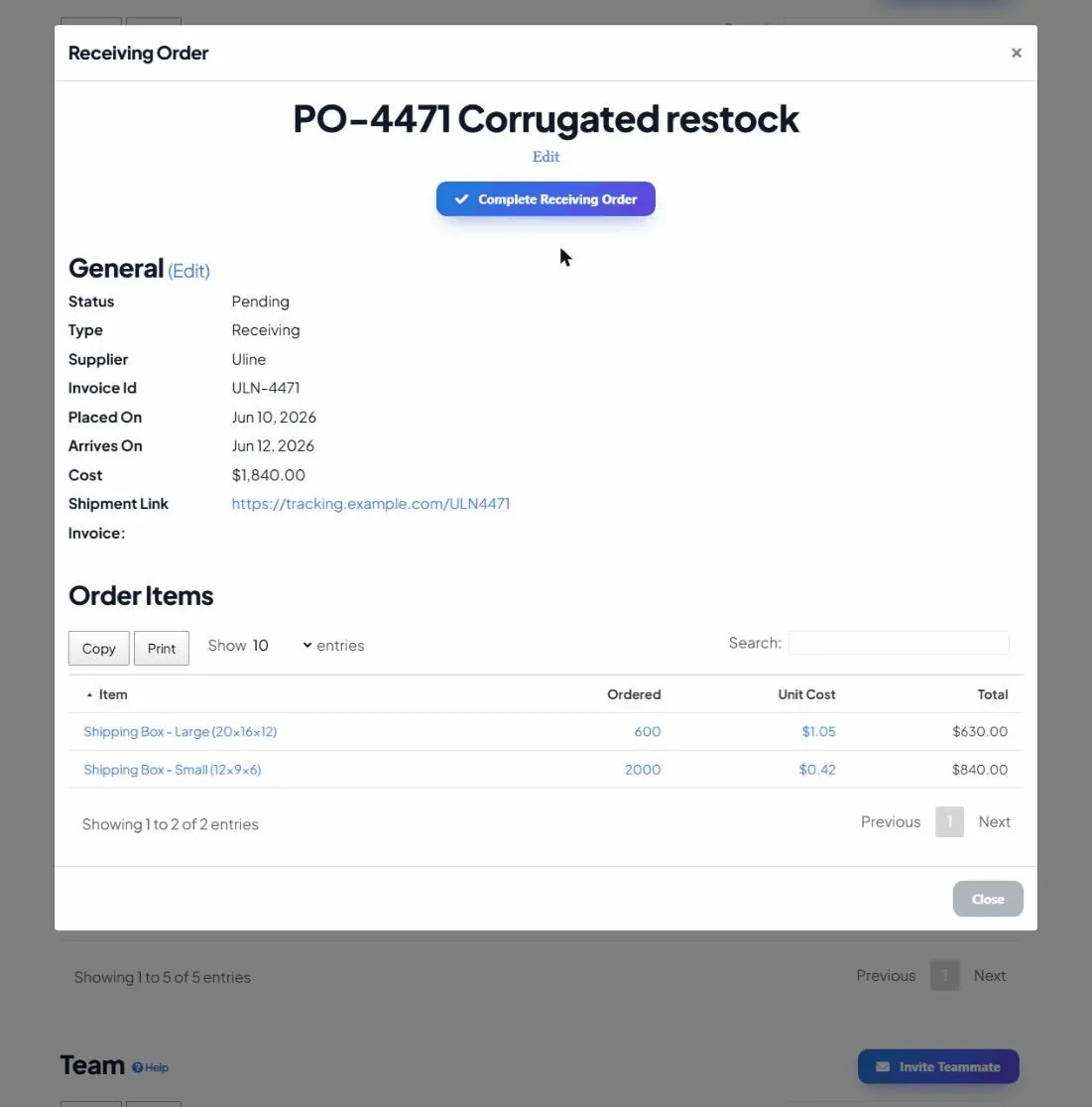 A purchase order opened, showing status, supplier, invoice ID, placed and arrival dates, cost, tracking link, and its line items with quantities and totals.
