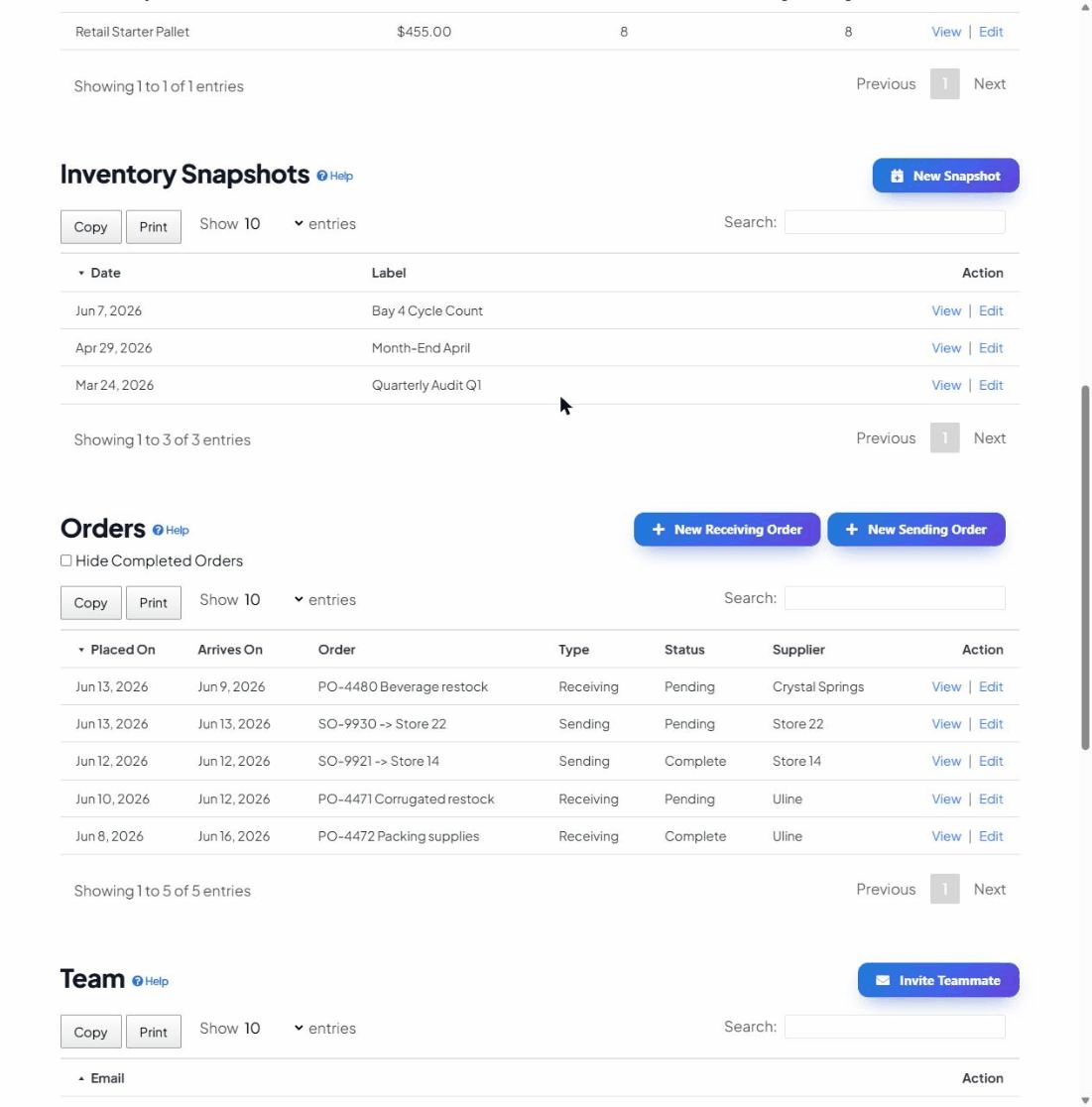 The Orders table listing inbound and outbound orders with placed/arrival dates, type, status and supplier.