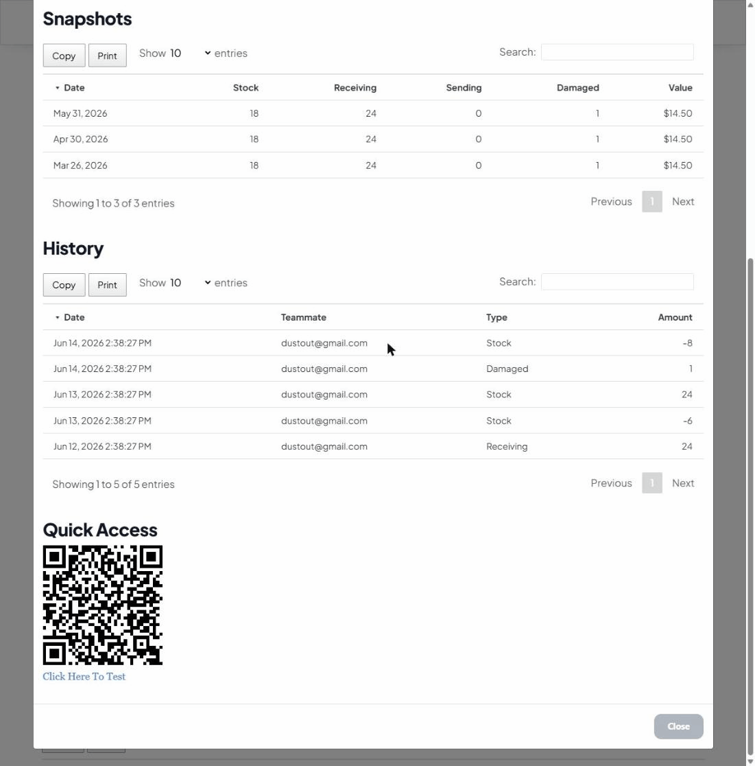 An item's Quick Access QR code, with its change history above it.