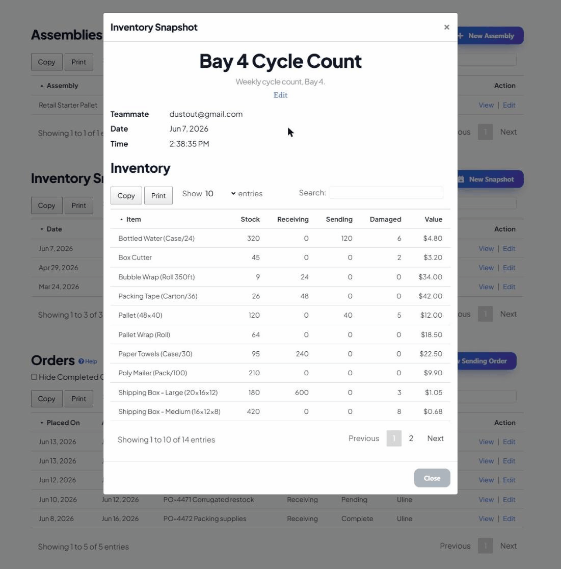 An opened snapshot showing the teammate, date and time, and a frozen table of every item's counts and value at that moment.