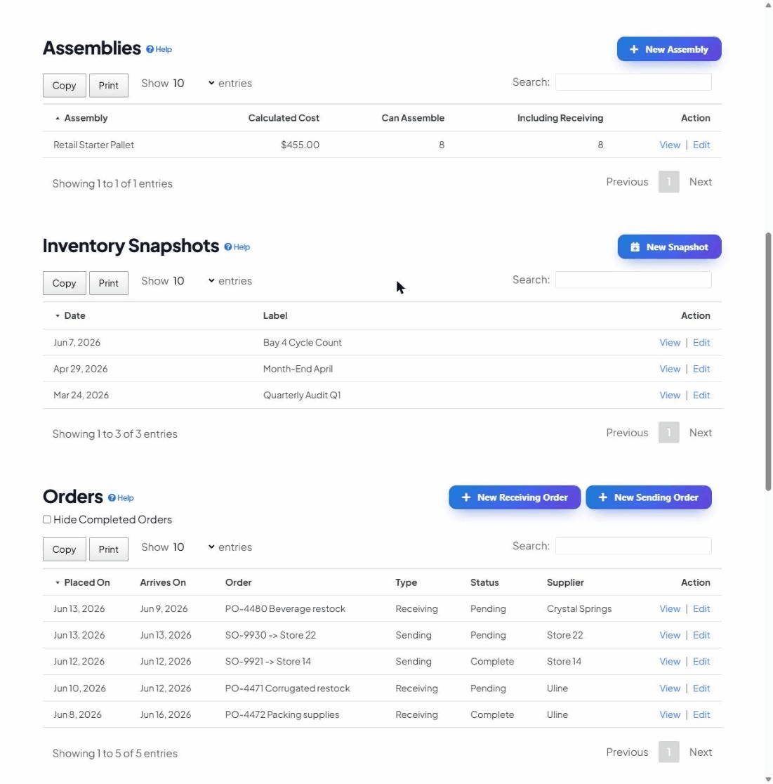 The Inventory Snapshots list showing dated, labelled snapshots such as Bay 4 Cycle Count and Quarterly Audit.