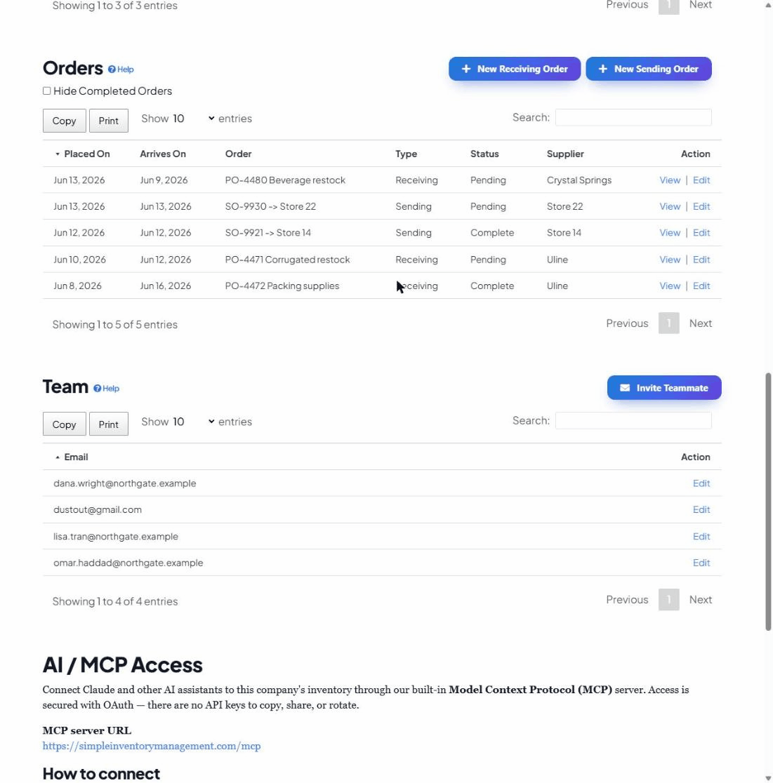 The Team section listing company members by email, with an Invite Teammate button.