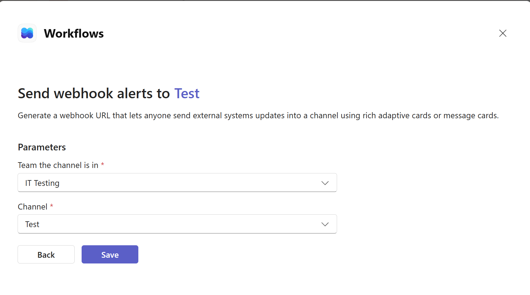 The workflow setup step with the team and channel dropdowns filled in and a Save button.