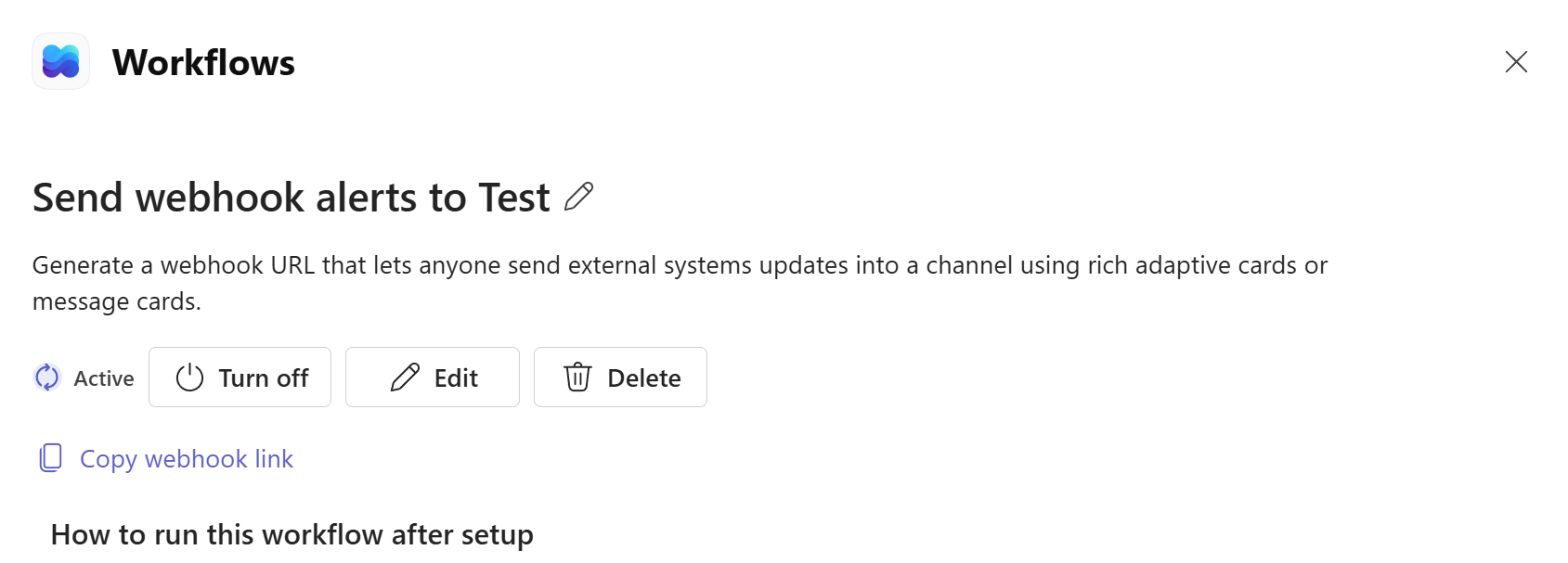 The saved workflow screen showing the workflow is Active, with a 'Copy webhook link' option.