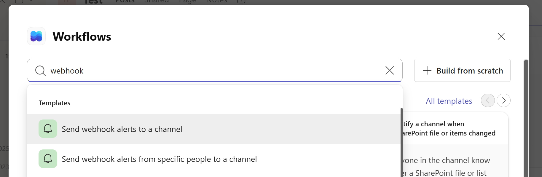 The Teams Workflows dialog with 'webhook' in the search box and the 'Send webhook alerts to a channel' template highlighted.