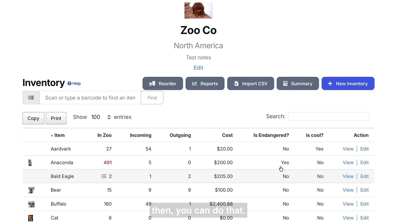 Simple Inventory Managementウォークスルーの画面。在庫リストを表示